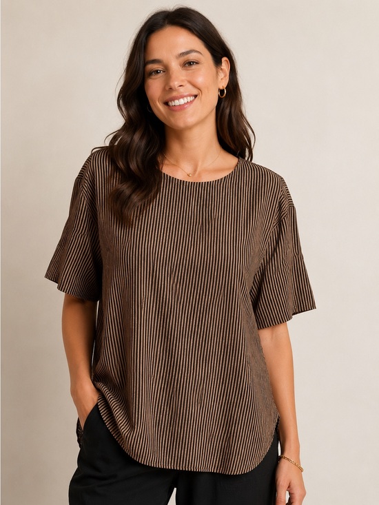Maggie Sweet Tops - MAGGIE SWEET. Brown/Black striped shirt. Short sleeves. Sz S.‎